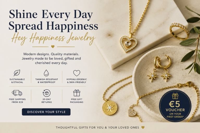 Hey Happiness jewelry with modern necklaces, earrings and rings