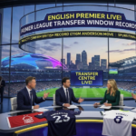A live sports television studio broadcasting Premier League transfer window breaking news with club jerseys on the desk.