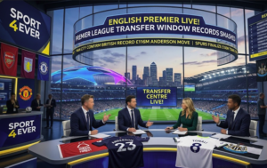 A live sports television studio broadcasting Premier League transfer window breaking news with club jerseys on the desk.