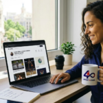 A professional sports content creator reviewing her digital portfolio on the Contra platform on her laptop, holding a Sport 4 Ever mug in her studio.