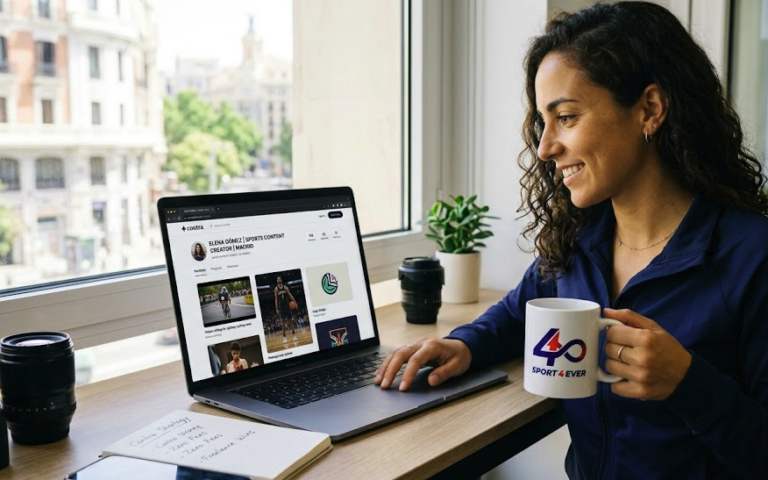 A professional sports content creator reviewing her digital portfolio on the Contra platform on her laptop, holding a Sport 4 Ever mug in her studio.