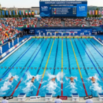 European Aquatics Championships swimmers competing in a high-intensity swimming race