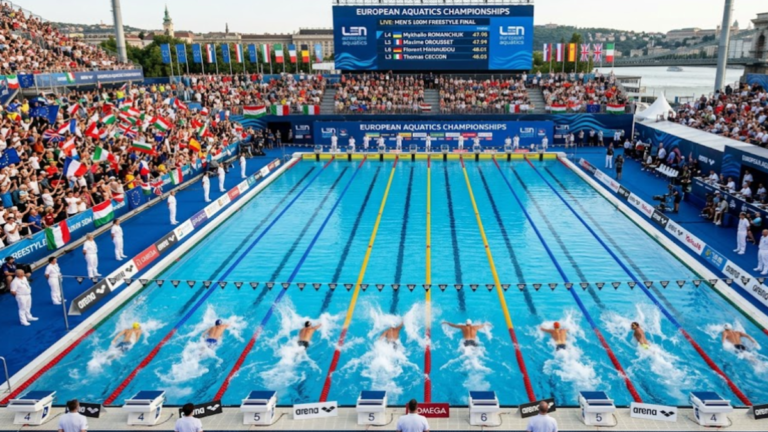 European Aquatics Championships swimmers competing in a high-intensity swimming race