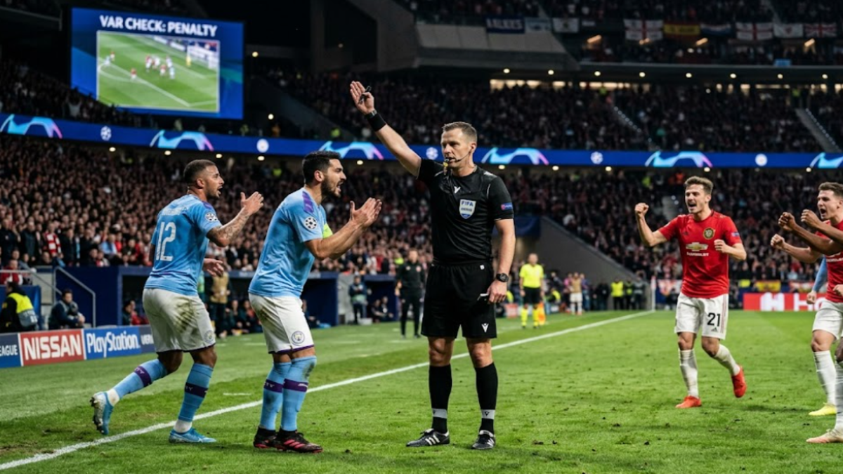 Football referee making a crucial decision during a high-pressure match