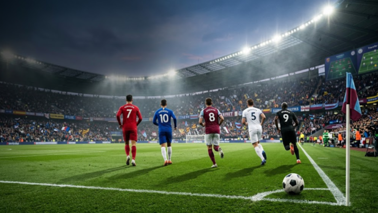 Premier League season preview with football stadium and players