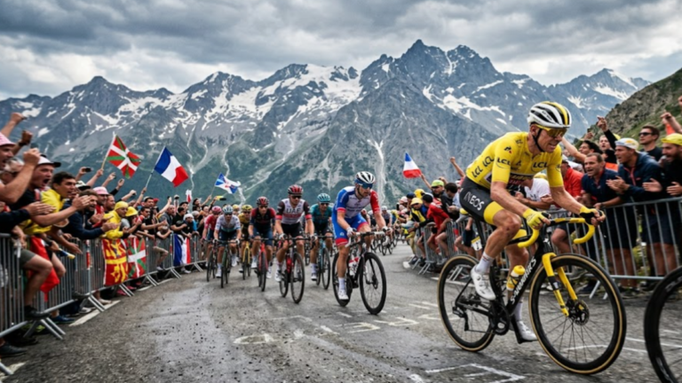 Tadej Pogacar wearing the yellow jersey during the Tour de France mountain stage