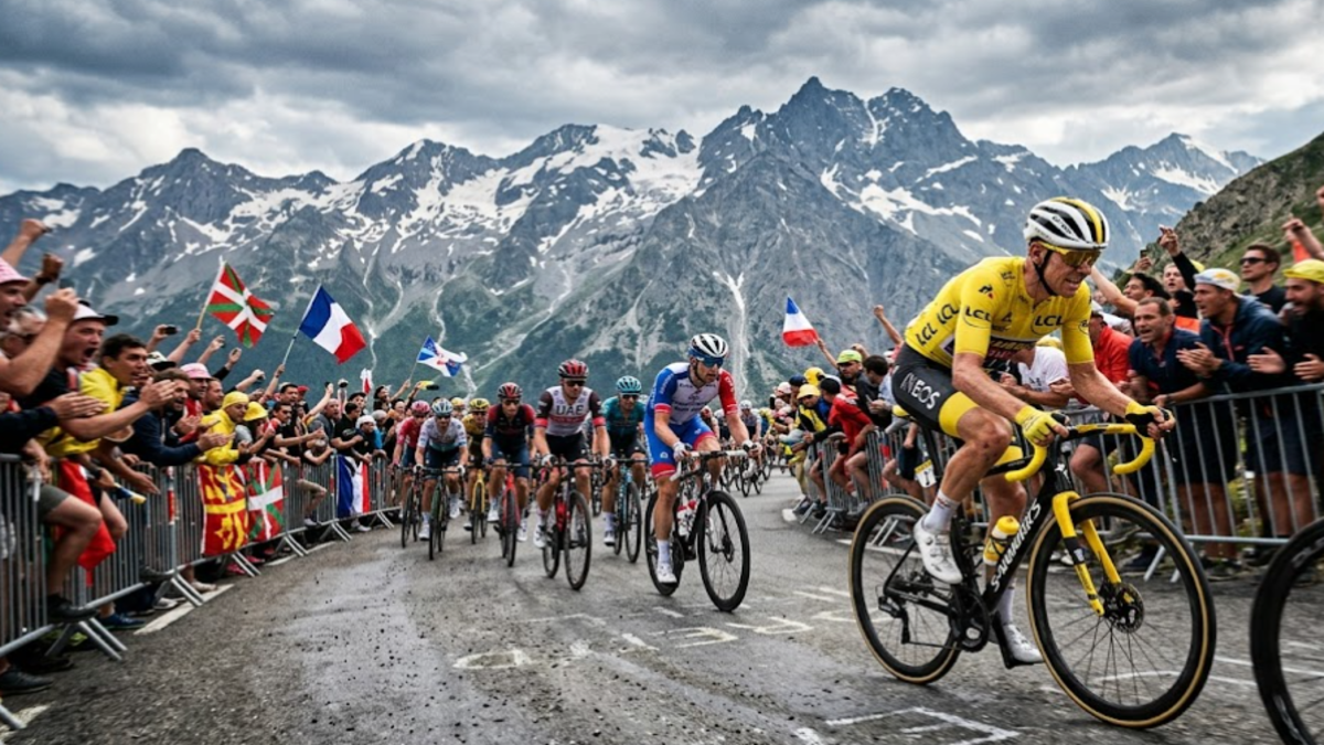 Tadej Pogacar wearing the yellow jersey during the Tour de France mountain stage