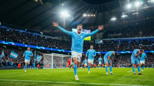 Erling Haaland celebrates Manchester City goal against Coventry City