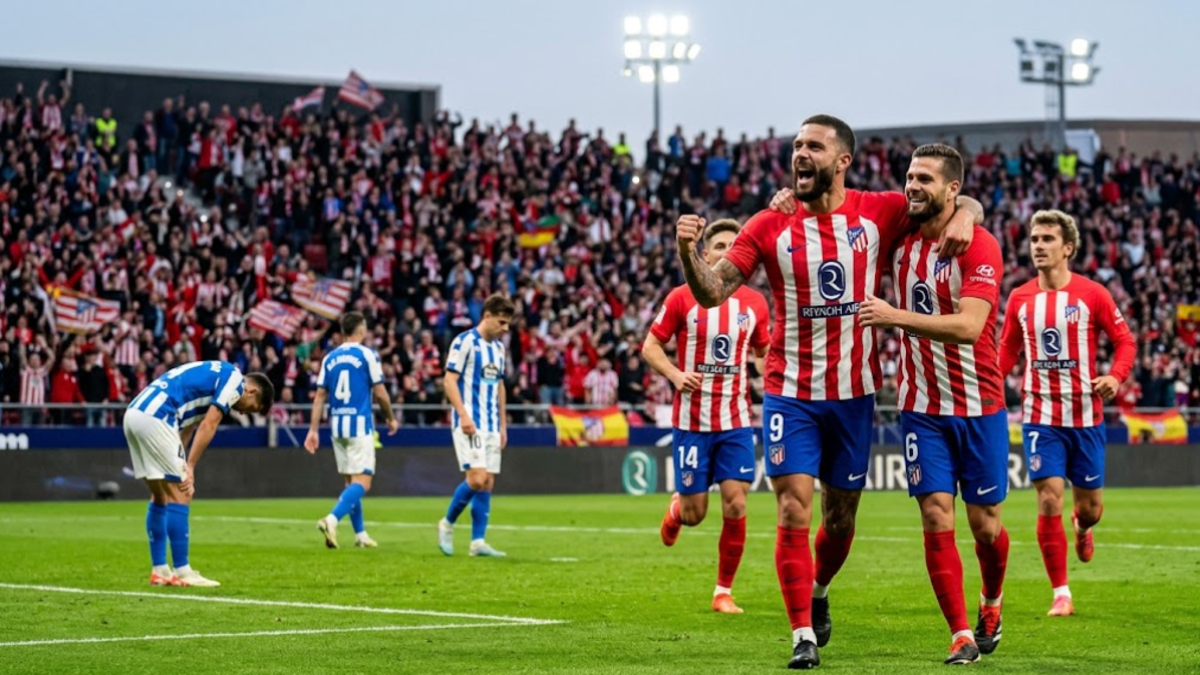 Atlético Madrid players celebrating a goal against Deportivo La Coruña in a LaLiga match.