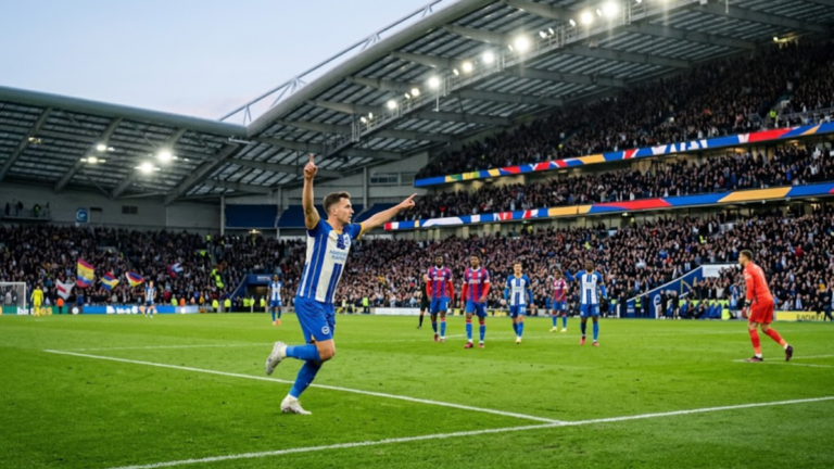 Brighton players celebrate their 5–0 victory over Crystal Palace in the Premier League.