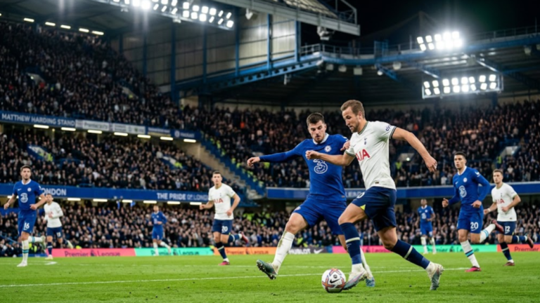 Chelsea and Tottenham players competing for possession during a Premier League London derby at Stamford Bridge.