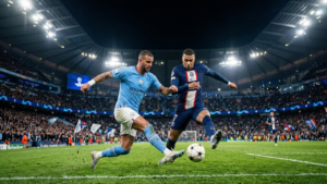 Manchester City and Paris Saint-Germain players competing for the ball in a Champions League match