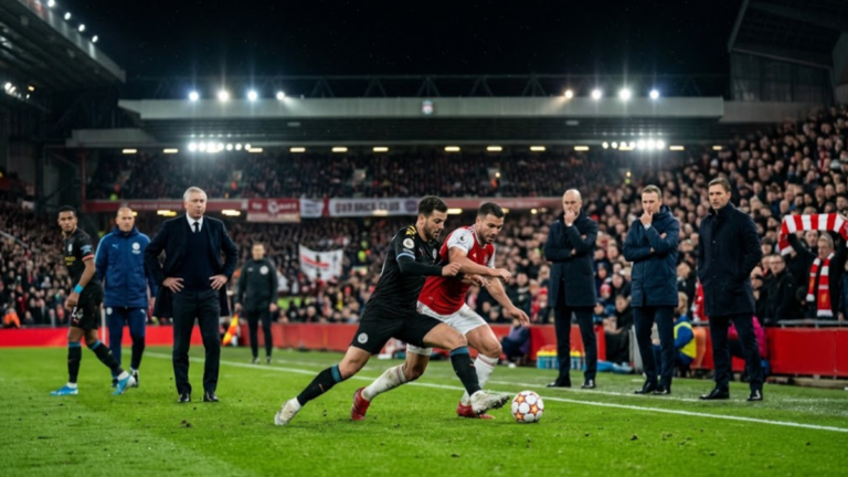 Premier League football action with managers watching from the touchline during a competitive match.