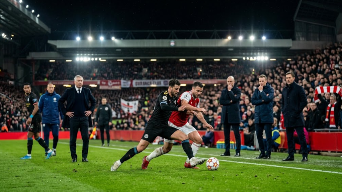Premier League football action with managers watching from the touchline during a competitive match.
