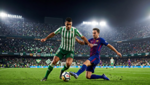 Real Betis vs Barcelona La Liga match preview featuring players in green-and-white and blue-and-red kits.