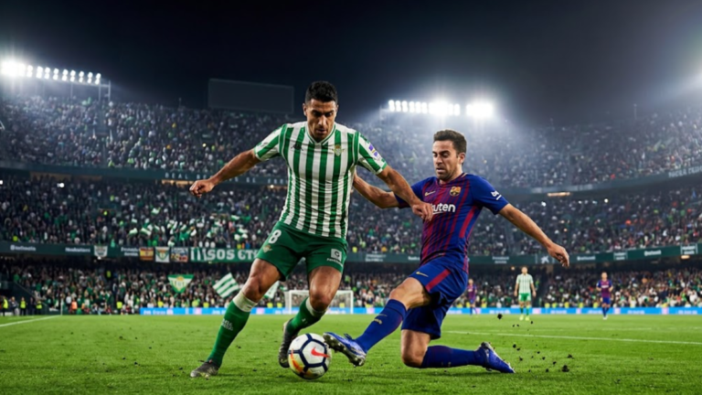 Real Betis vs Barcelona La Liga match preview featuring players in green-and-white and blue-and-red kits.