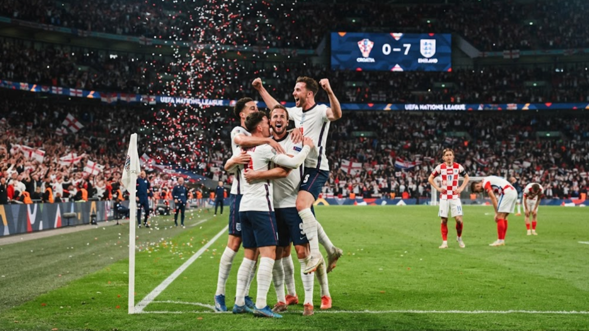 England players celebrate after beating Croatia 7-0 in the Nations League